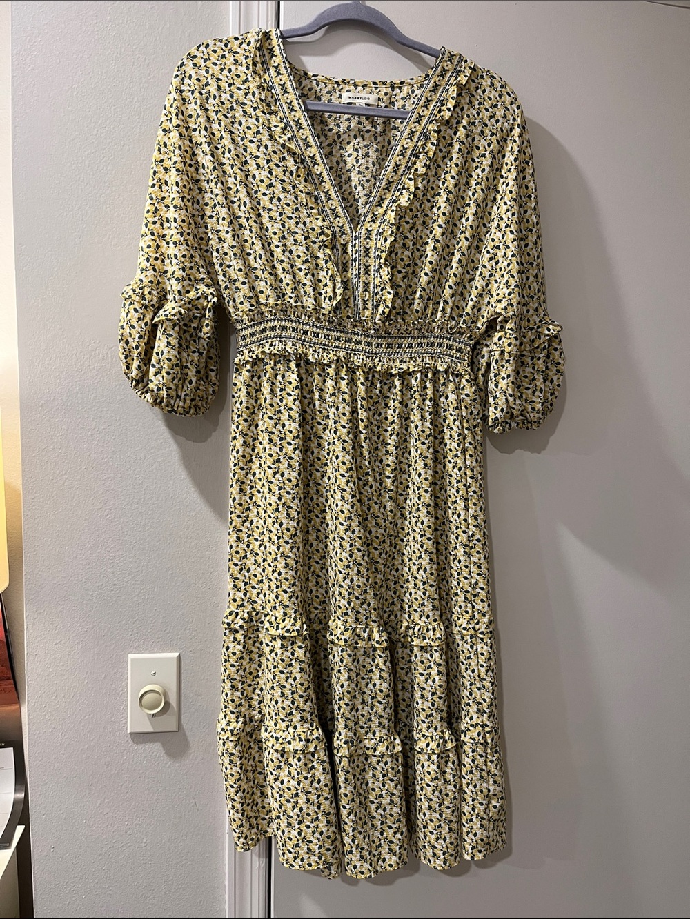 Max Studio Yellow Floral Smocked Midi Dress